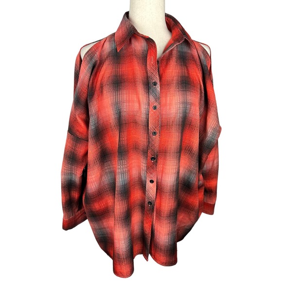 UNIF Orange Brown and Gray Plaid Button Up Cold Shoulder Shirt Size XS - Picture 2 of 6